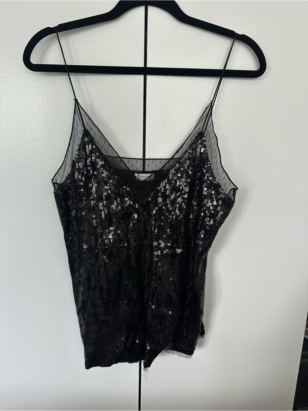Free People Black Sequin Cami with Mesh Trim